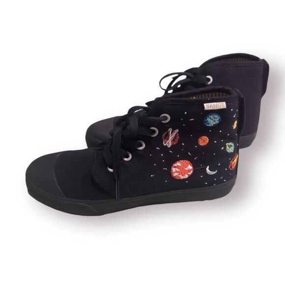 Bangs‎ Black Planets Hightop Canvas Rubber Sole Lace Up Shoes Women 6.5 Men 5 - Picture 1 of 7